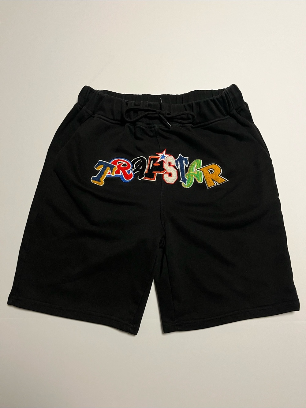 Black Embroidered Hellstar Graphic Shorts with Multicolor Lettering